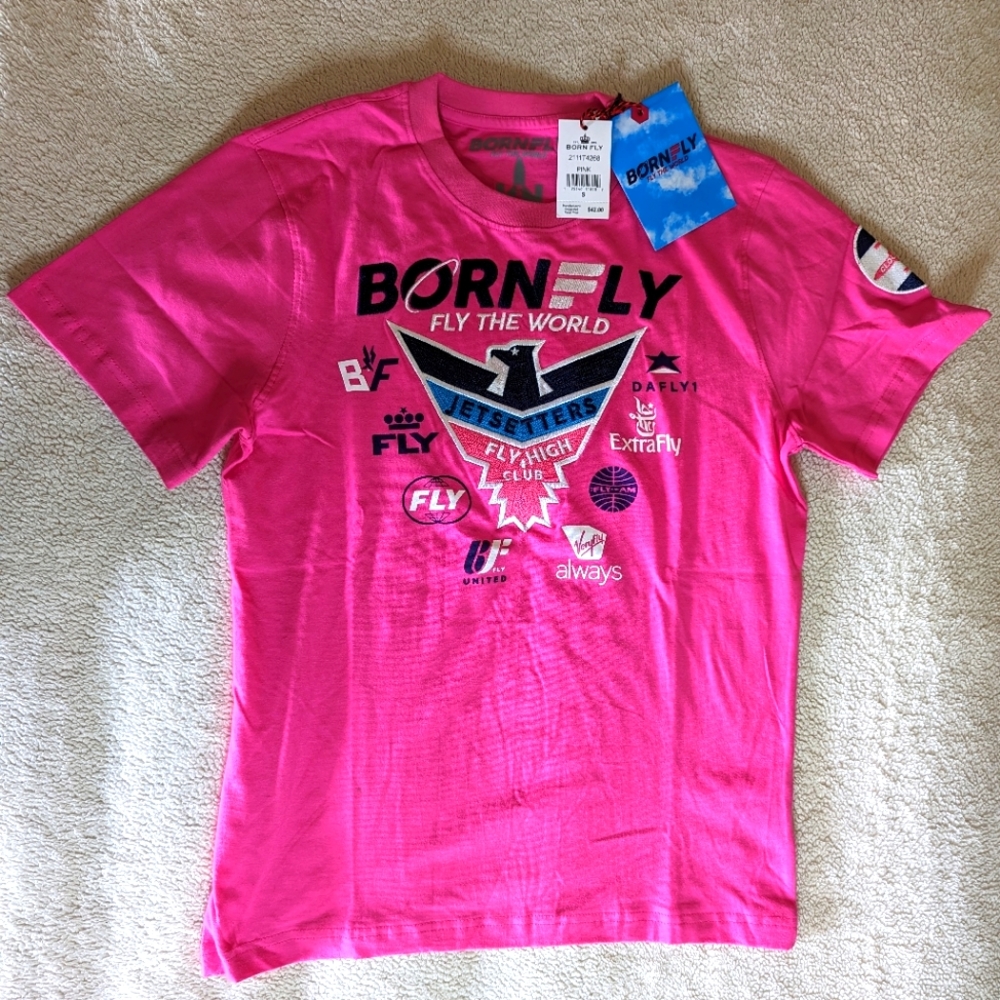 Born to fly embroidered T-shirt hot pink NWT small